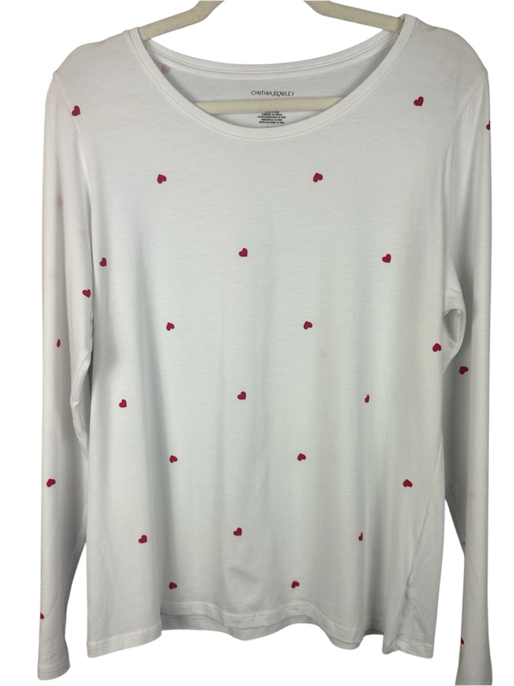 Cynthia Rowley XL White Red Heart Print Pima Cotton Long Sleeve Top Tee